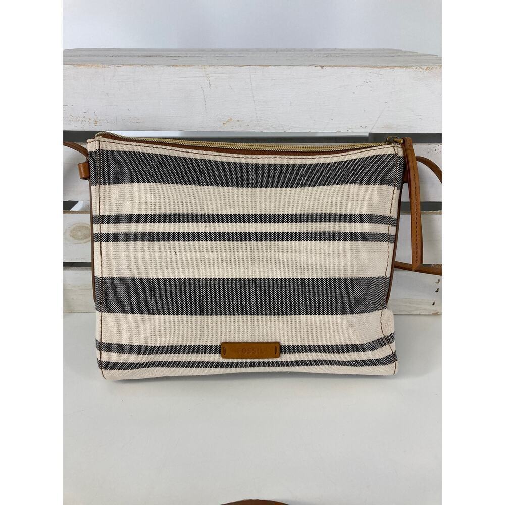 FOSSIL SMALL NAVY AND OATMEAL STRIPED CANVAS CROSSBODY BAG